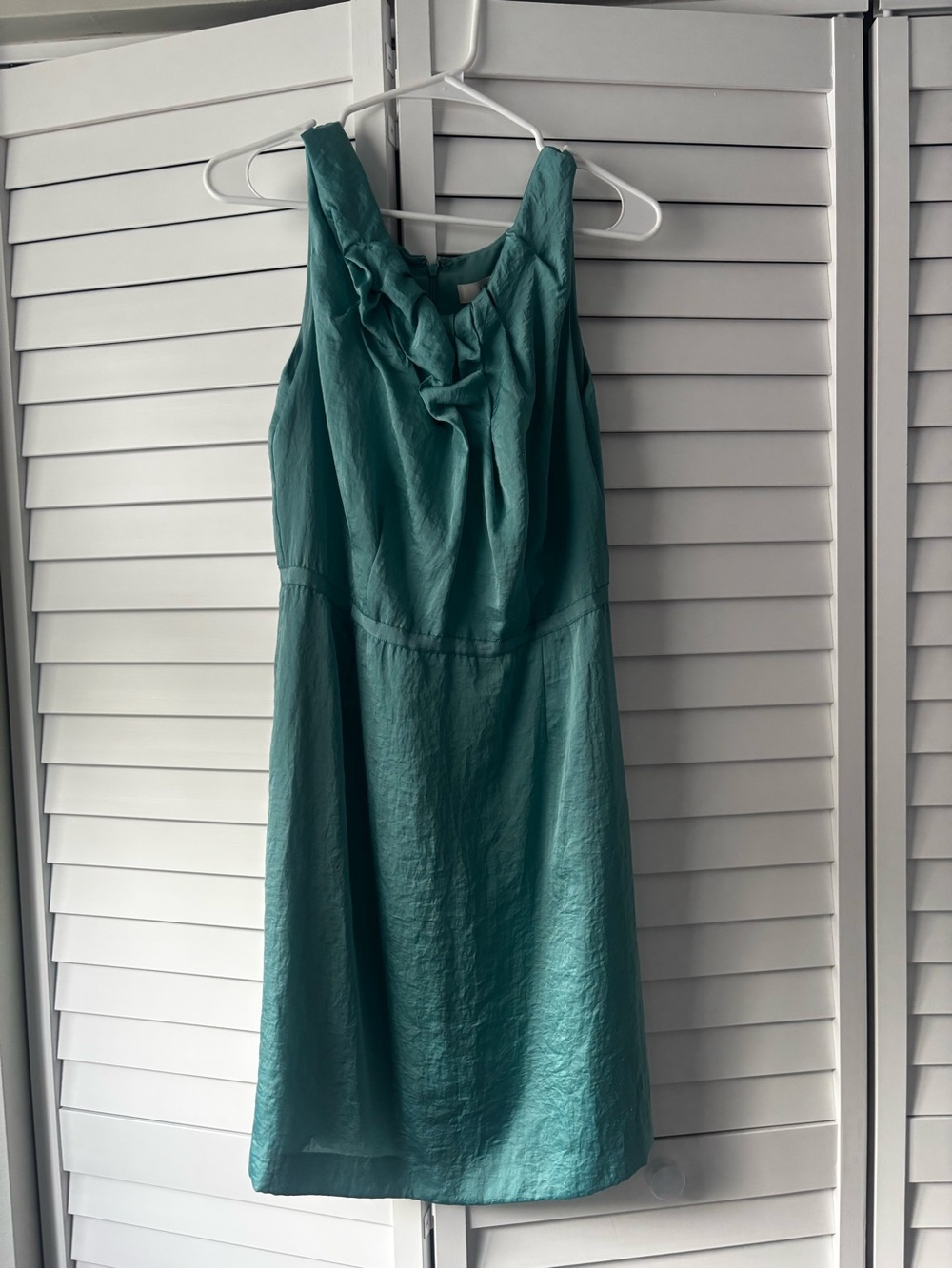 LOFT Teal Ruffle Neck Midi Dress